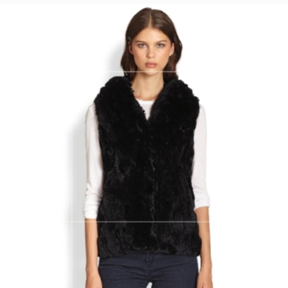Freestyle! Women's Faux Fur Vest Black Hooded Sleeveless Hook Closure Fuzzy